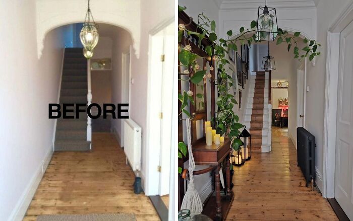 Before and after home renovation showing a staircase hallway transformed with plants and decorative lighting in a stylish style.