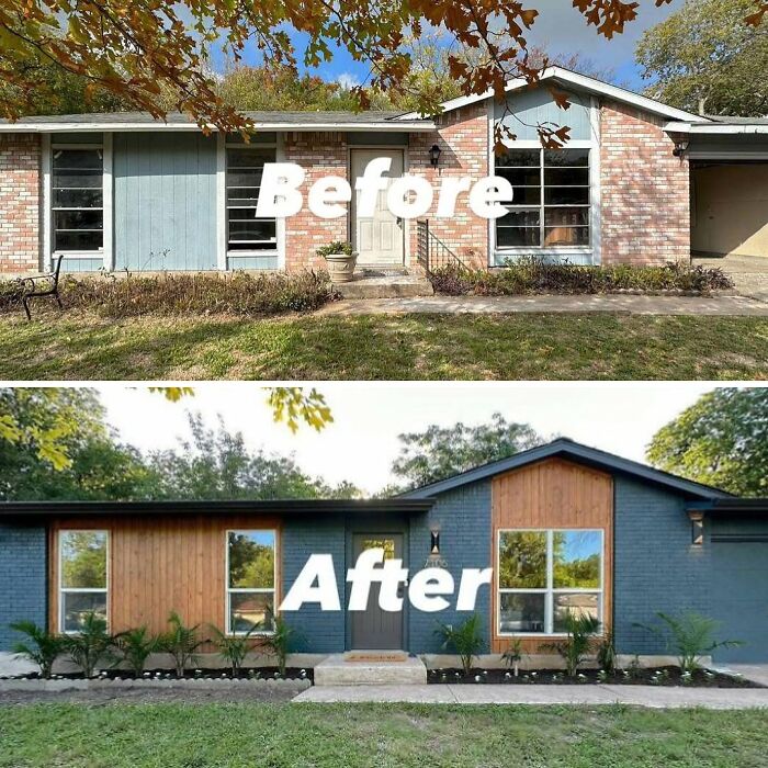 Before and after home renovation showcasing a modern exterior makeover with wood accents and fresh landscaping.