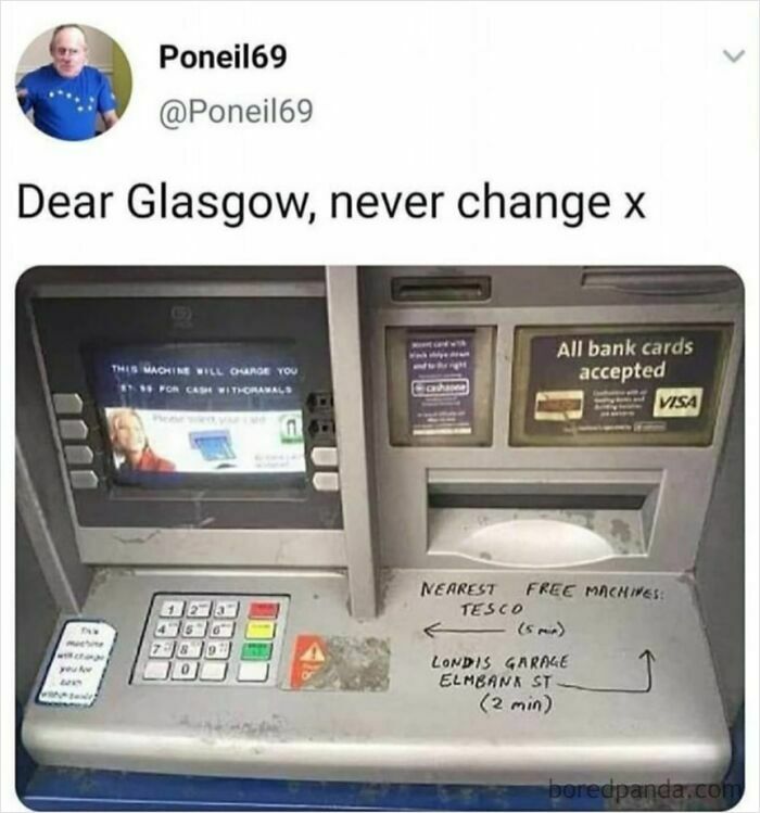 ATM machine in Glasgow with handwritten directions to nearest free machines, showcasing funny Scottish internet posts.