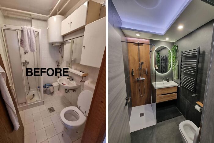 Side-by-side bathroom renovation showing outdated space transformed into a modern stylish home renovation with sleek design and lighting.