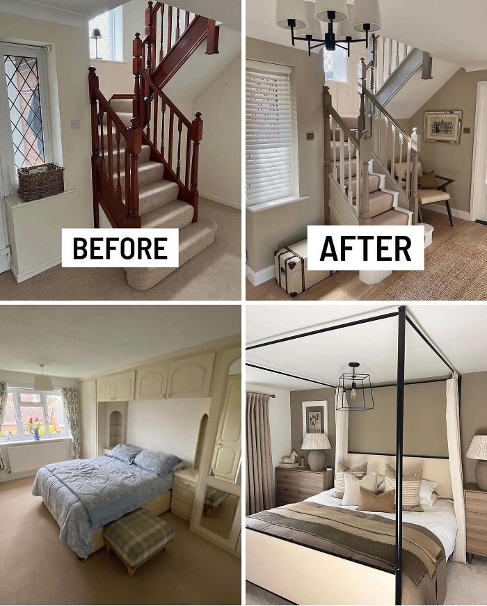 Home renovation before and after showing transformed staircase and modernized bedroom with stylish decor upgrades.