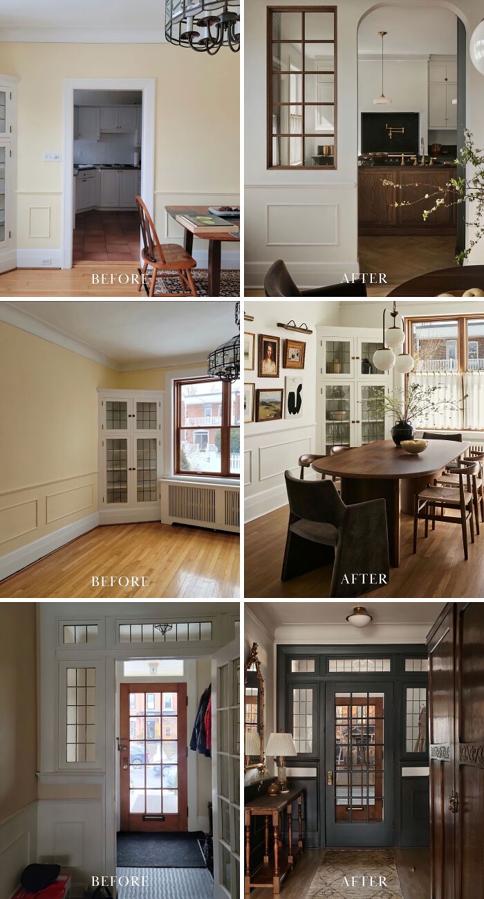 Before and after home renovation photos showcasing stylish interior transformations with modern design and decor.