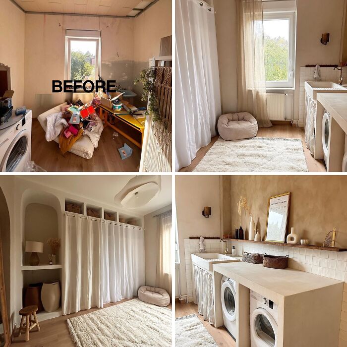 Home renovation before and after showing a cluttered laundry room transformed into a stylish, organized space with neutral tones.