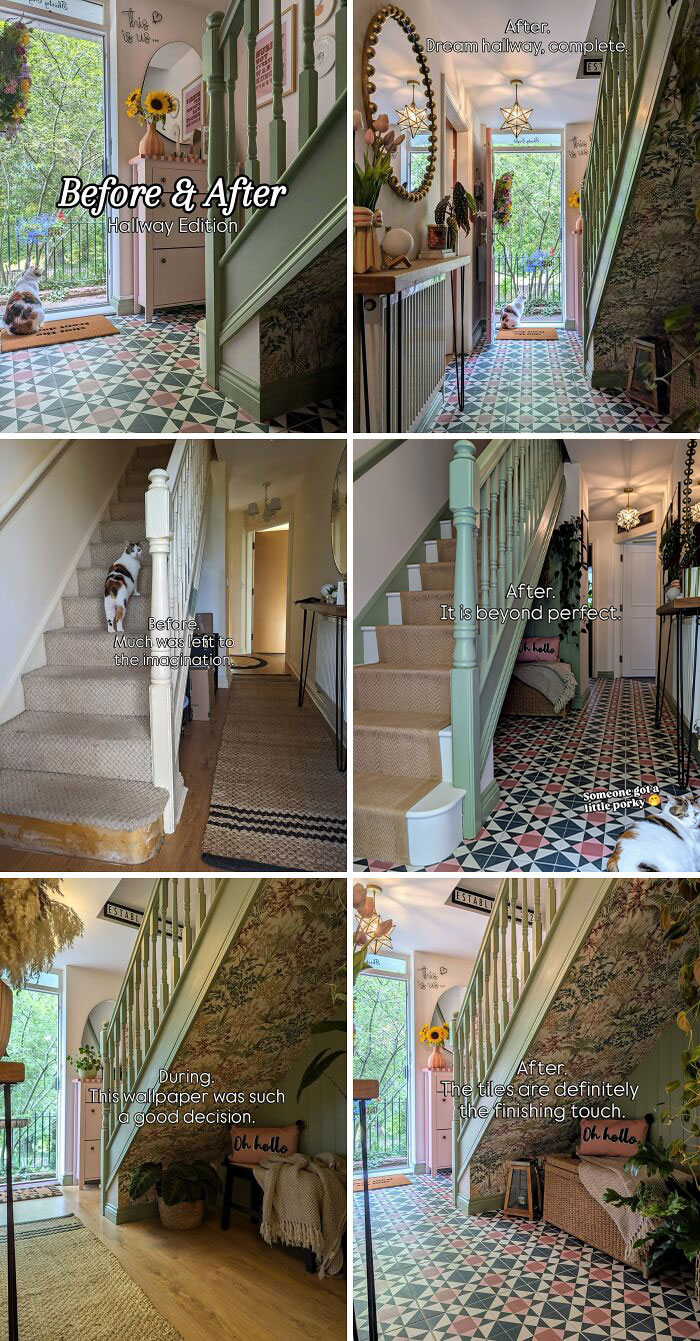 Hallway renovation transformation showcasing stylish flooring, wallpaper, and decor in a beautifully renovated home.