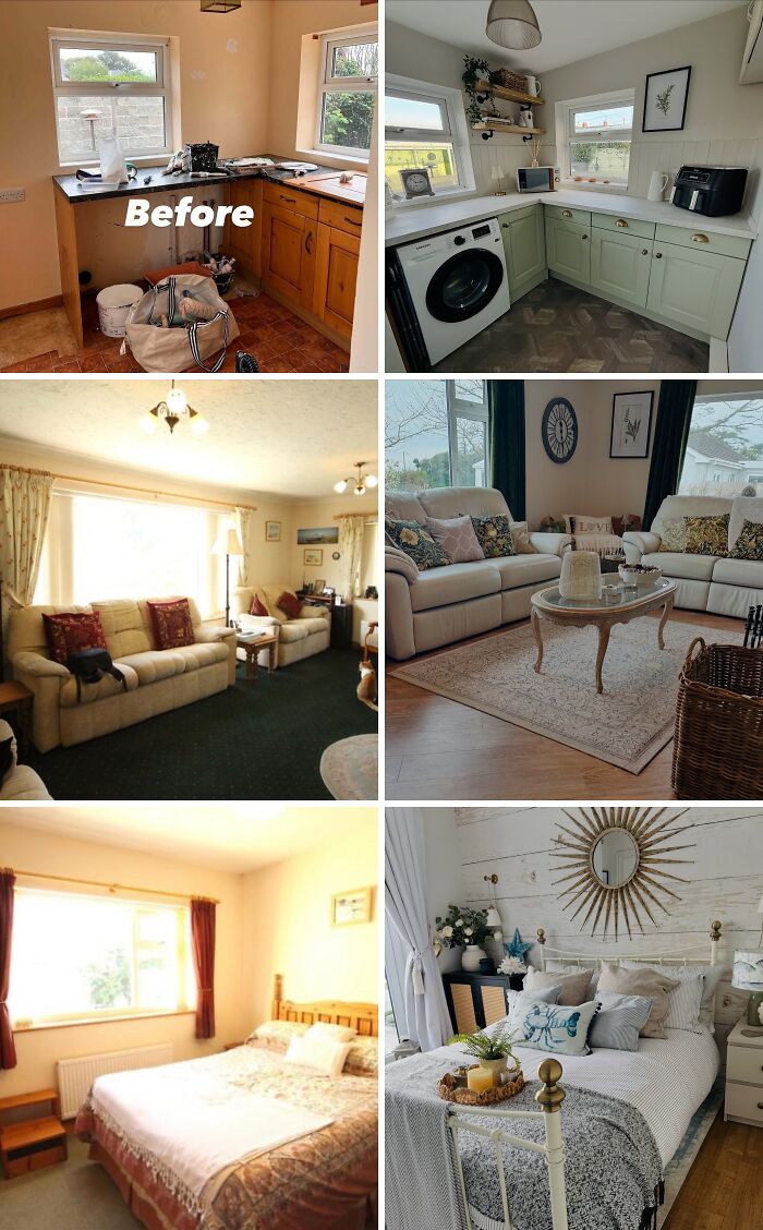 Before and after home renovation showing modern kitchen, cozy living room, and stylish bedroom with remarkable home renovation results.