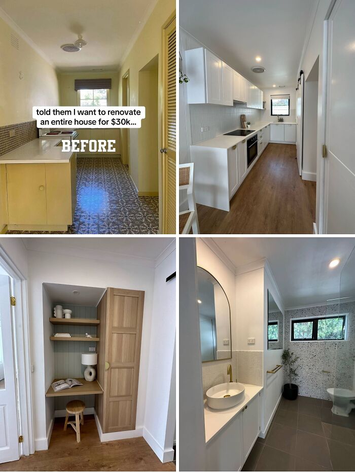 Before and after home renovation photos showing a modern kitchen, bathroom, and workspace with stylish finishes.