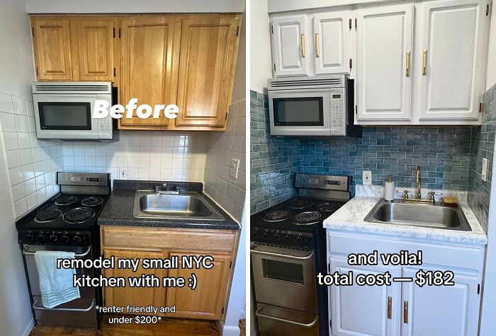 Before and after kitchen renovation showing affordable home renovation with updated white cabinets and blue tile backsplash.