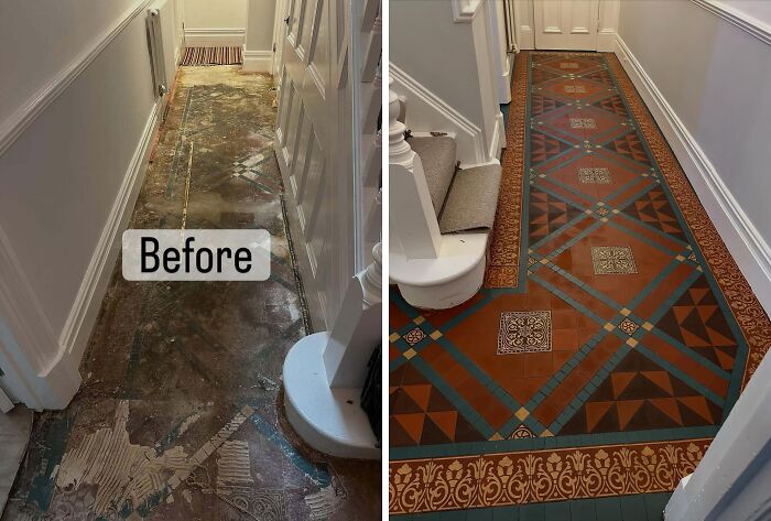 Before and after home renovation showing a hallway transformation with intricate tile flooring and improved design.