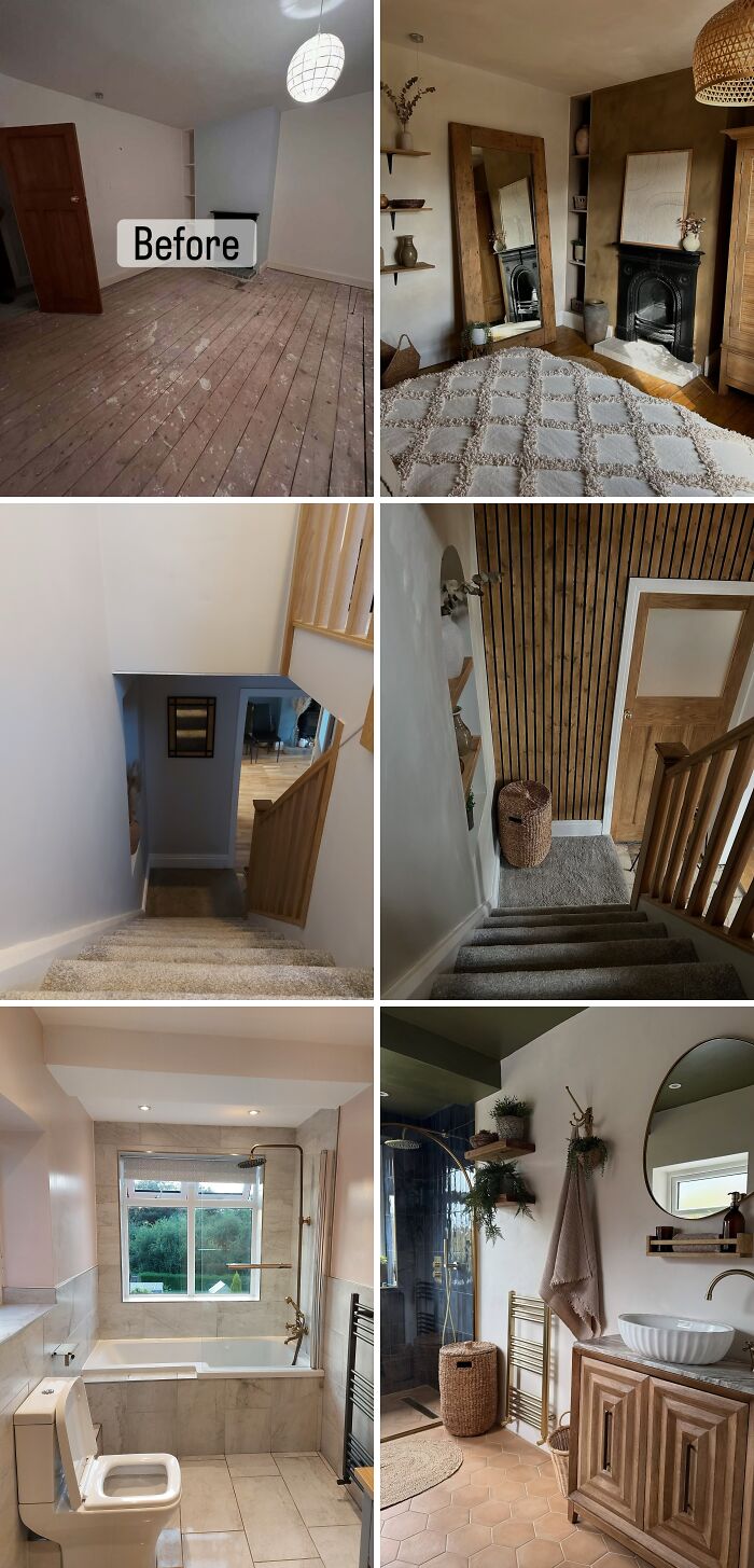 Home renovation before and after photos showing stunning transformations in bedroom, staircase, and bathroom spaces.