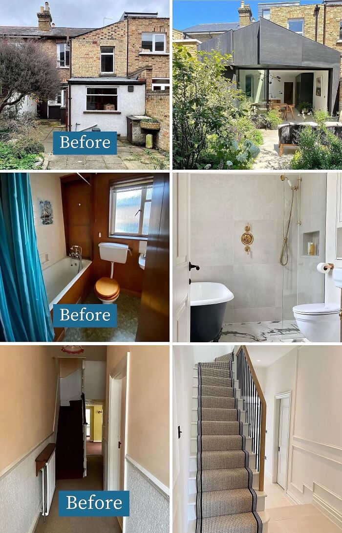 Before and after home renovation photos showing modernized exterior, bathroom, and hallway transformations with stylish upgrades.