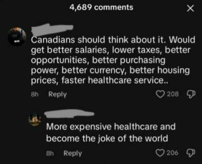 Social media comments roasting America comparing salaries, taxes, healthcare, and housing with Canada humorously.