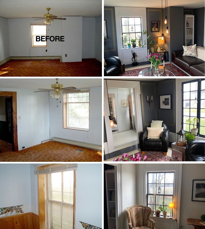 Before and after home renovation photos showcasing dramatic interior transformations and stylish home upgrades.