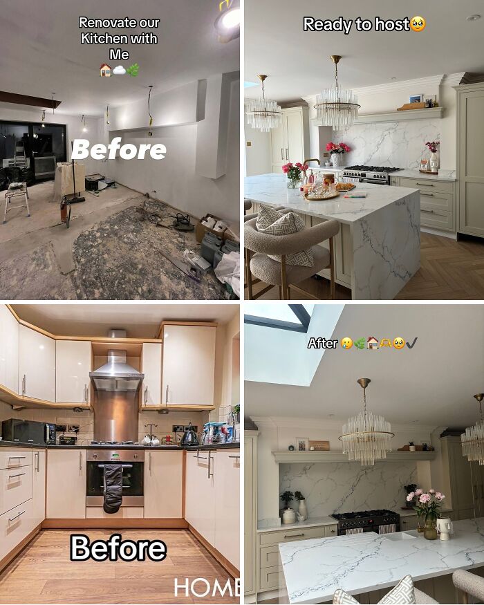 Before and after home renovation showing modern kitchen transformation with marble countertops and elegant lighting fixtures.