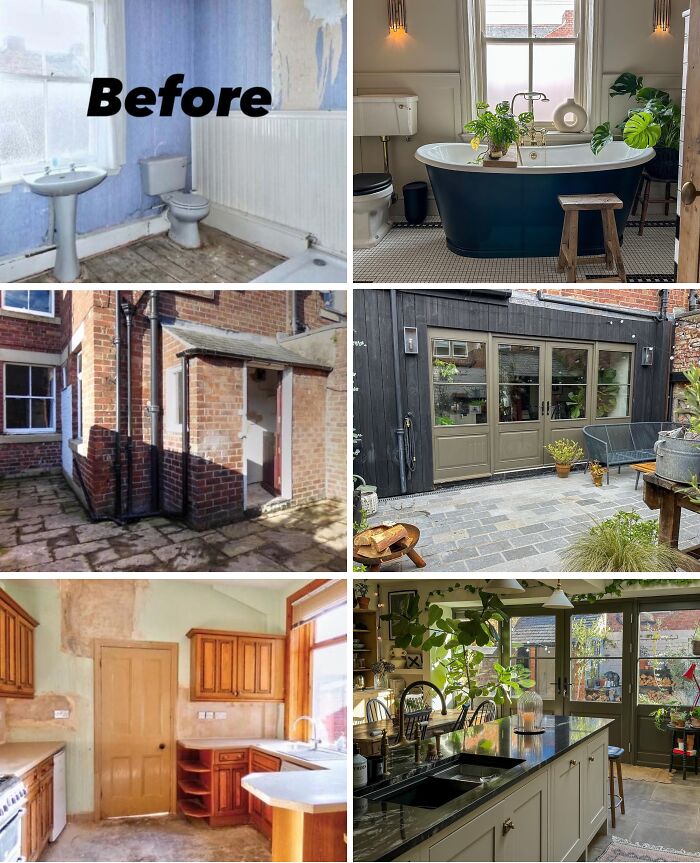 Bathroom, backyard, and kitchen before and after home renovation transformation showcasing impressive home renovation results.