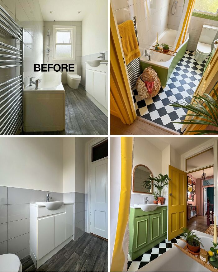 Bathroom renovation before and after showing stylish floor tiles, green vanity, and enhanced home renovation design ideas.
