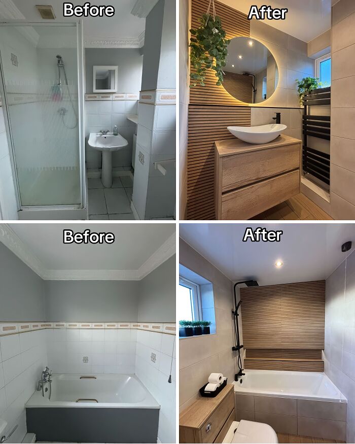 Bathroom renovation before and after showing modern fixtures, wooden accents, and upgraded shower and bathtub designs.
