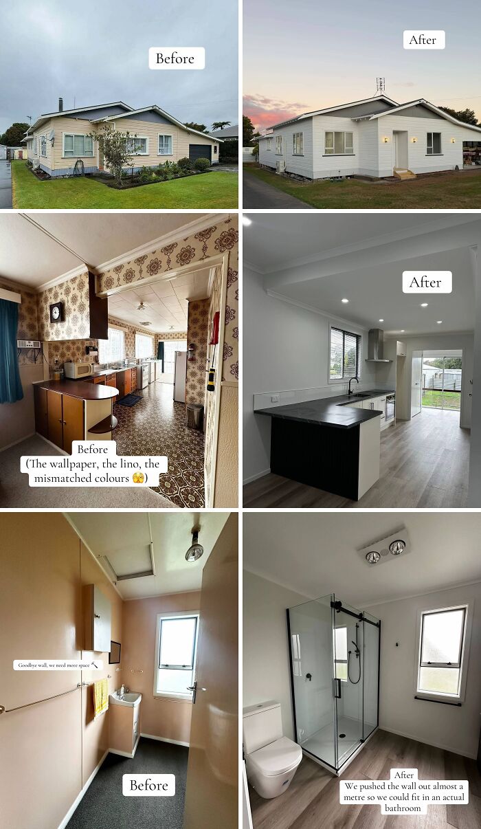 Before and after home renovation photos showing major improvements in exterior, kitchen, and bathroom spaces.