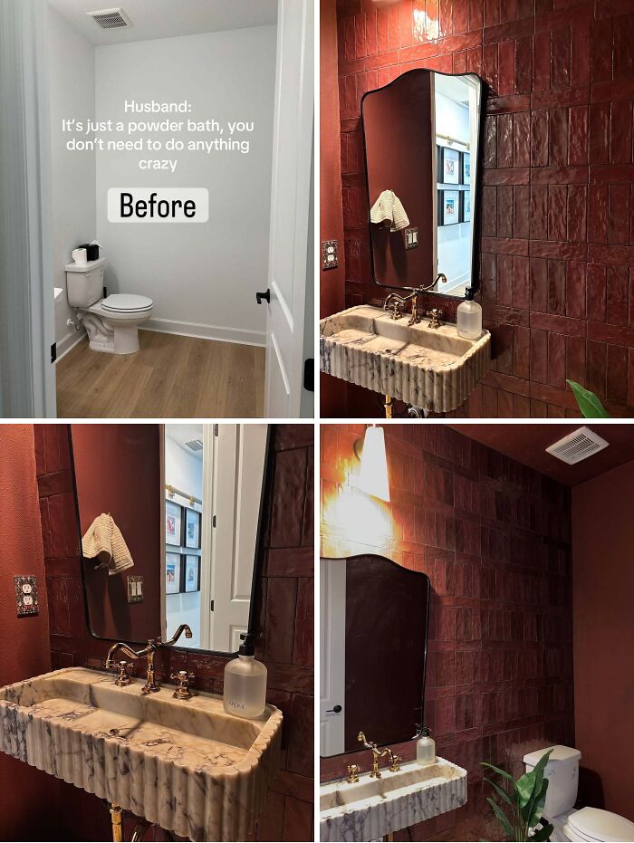 Powder bath renovation featuring textured dark red walls, a sculpted marble sink, and elegant brass fixtures for a bold home upgrade.