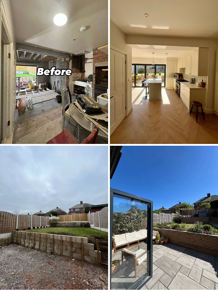 Before and after home renovation showing transformed kitchen and improved backyard with new patio and landscaping.
