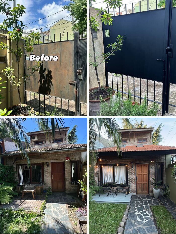 Rusty old gate and backyard transformed with fresh paint and outdoor seating in impressive home renovation before and after photos.