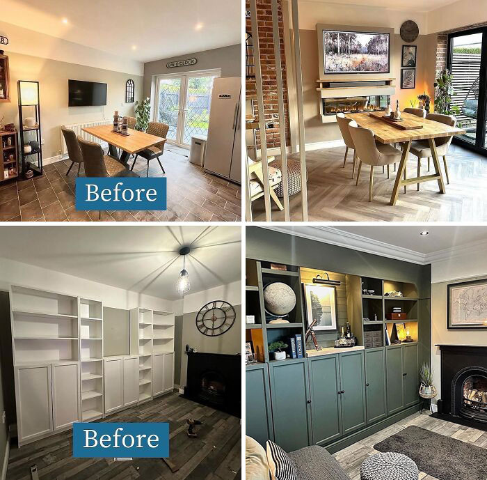 Before and after photos showing impressive home renovation transformations with modern dining and living room designs.