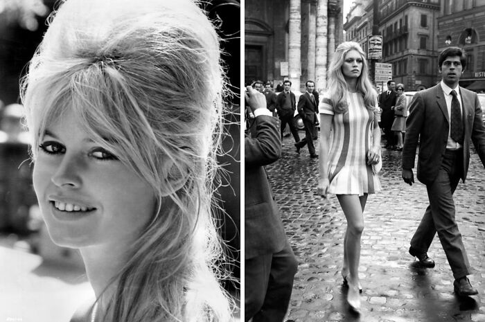 Split black and white photo of a famous style icon with iconic 1960s fashion and hairstyling influencing mood boards.