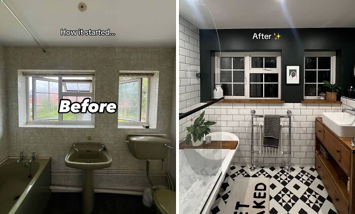 Before and after home renovation showing a modern bathroom transformation with stylish tiles and updated fixtures.