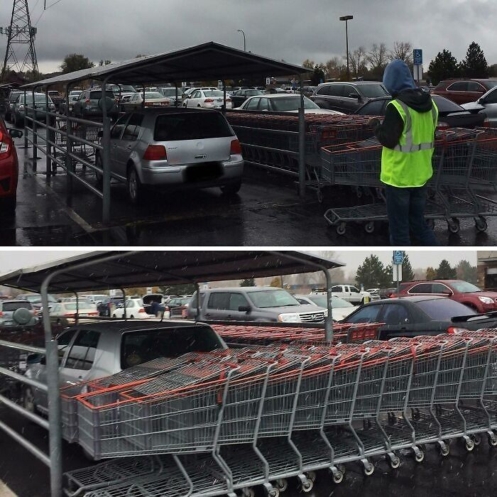 Car parked selfishly in a cart return area, blocking shopping carts, an example of petty revenge in a parking lot.