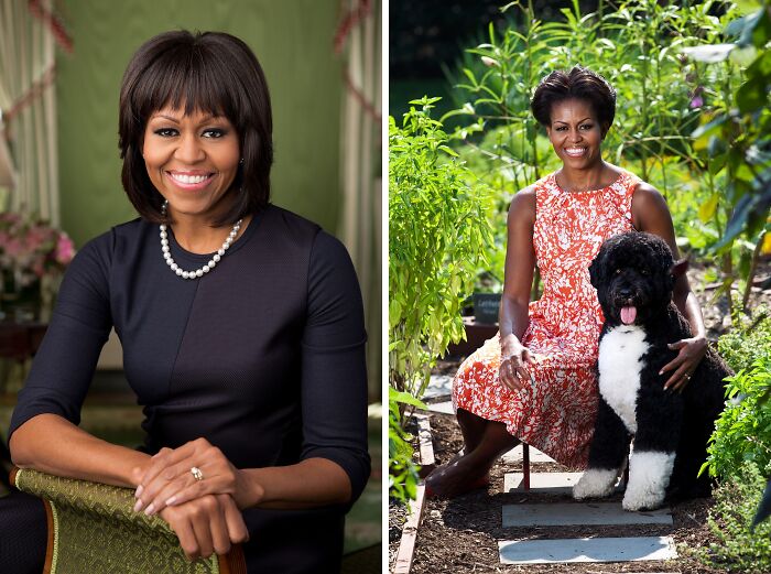 Elegant style icon wearing a classic black dress and pearl necklace, and casual chic in a floral dress with a dog outdoors.