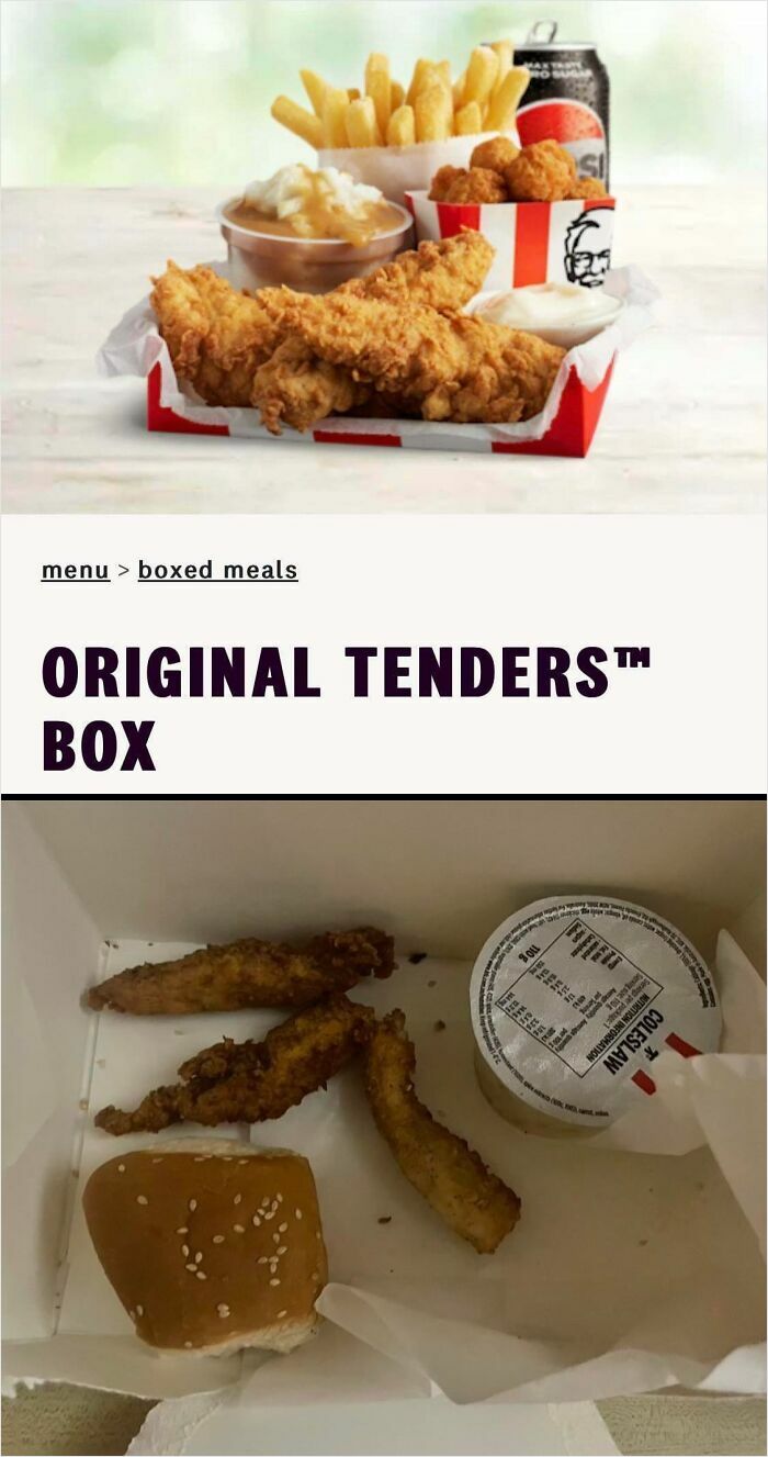 Misleading packaging example showing a sparse chicken tenders box compared to the marketed full meal image.