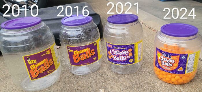 Evolution of Utz Cheese Balls packaging from 2010 to 2024 showing changes in label design and container size.