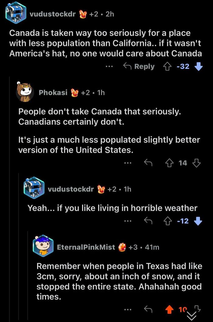 Reddit comments roasting America with sarcastic jokes about Canada, highlighting weather and population differences.