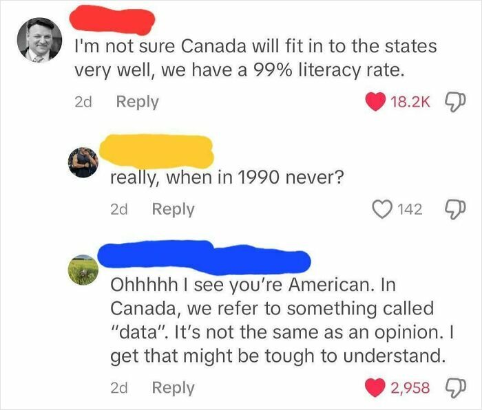 Screenshot of a humorous online exchange roasting America with Canadian data literacy humor.