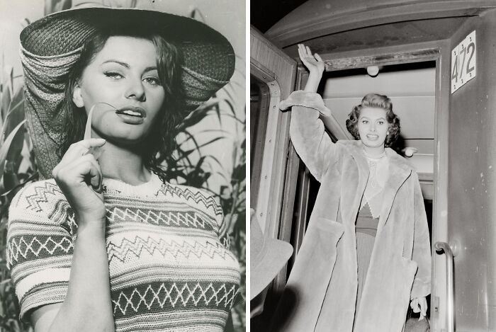 Black and white photos of two style icons known for fashion influence, one in a patterned sweater and hat, the other waving in a coat.