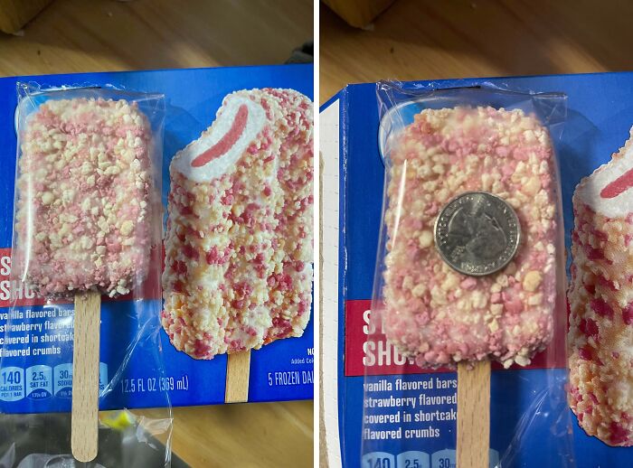Misleading packaging showing an ice cream bar significantly smaller than the picture on the box with a quarter for size comparison.