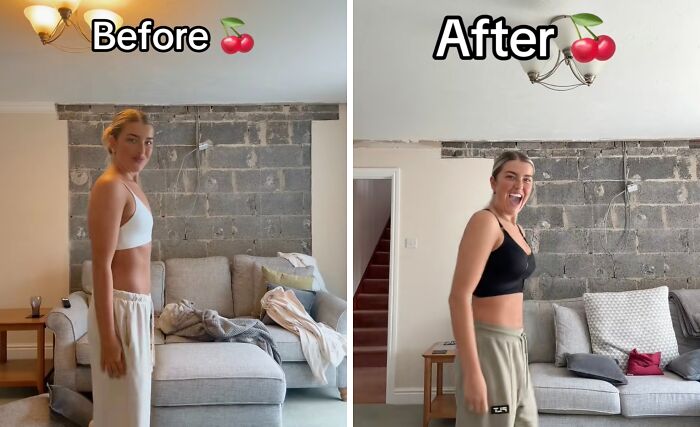 Before and after plastic surgery transformation of a woman standing in a living room, showcasing her results online.