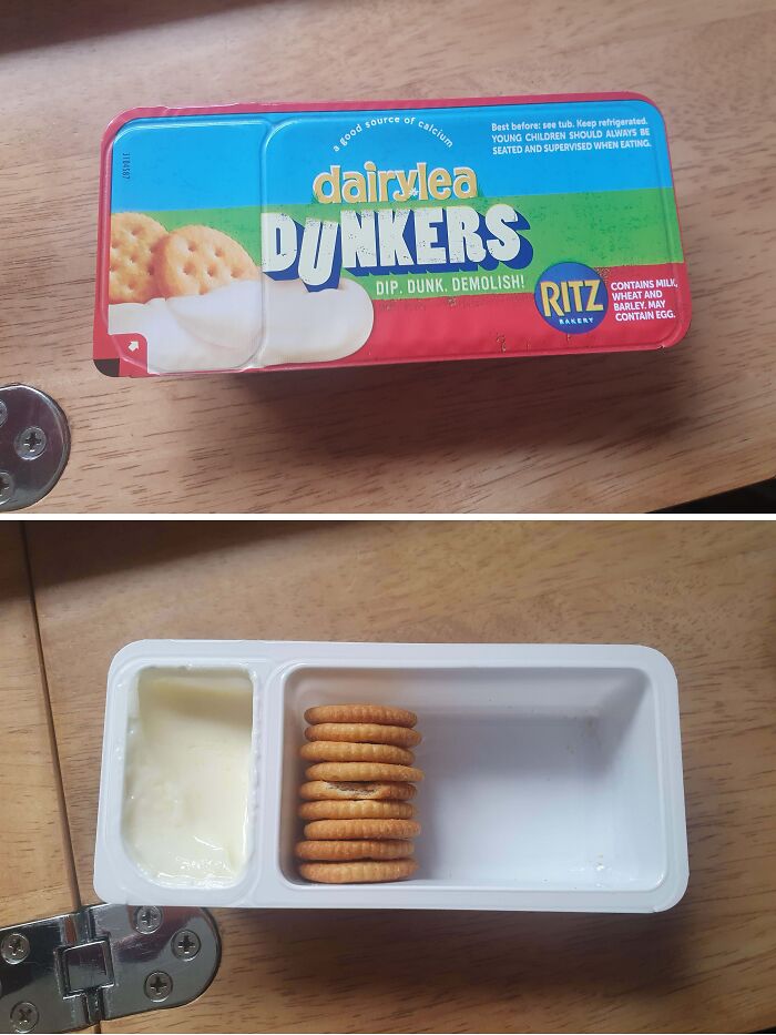 Misleading packaging showing fewer crackers and small dip cup in a Dairy Lea Dunkers snack container.