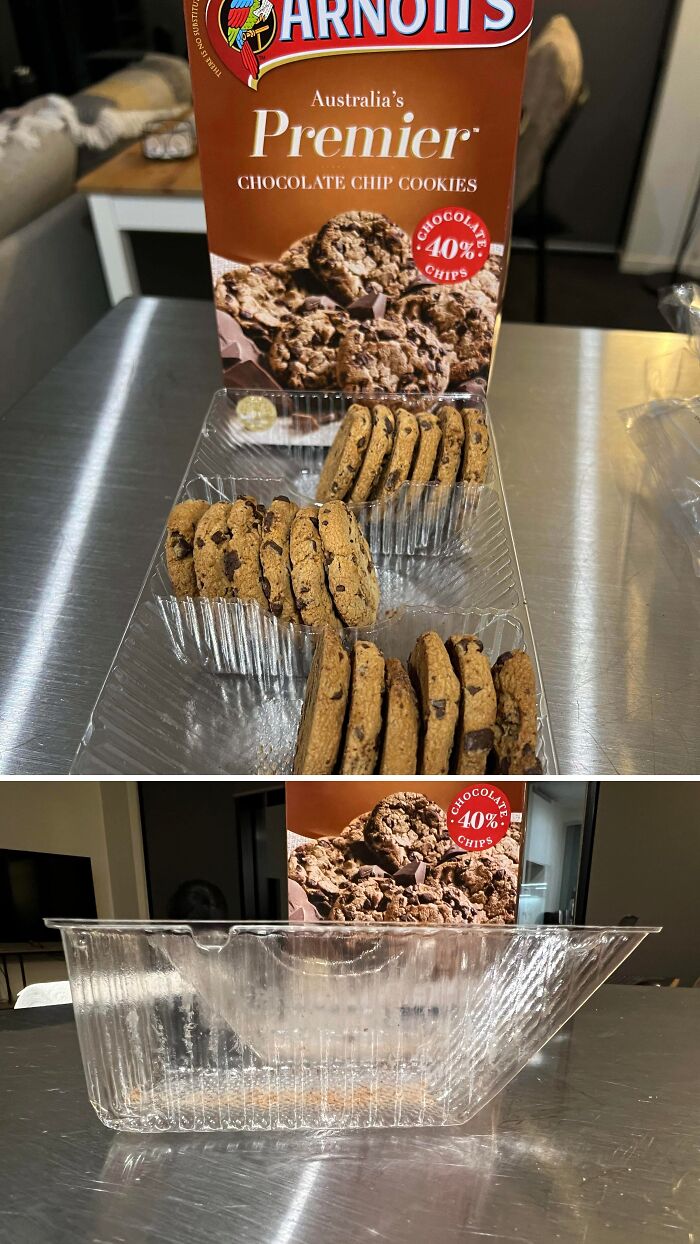 Arnott's Premier chocolate chip cookies with misleading packaging showing fewer cookies than expected inside.