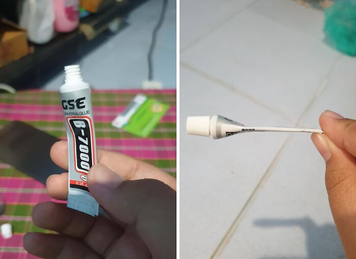 Small tube of glue held in hand, showing misleading packaging with an almost empty product inside.