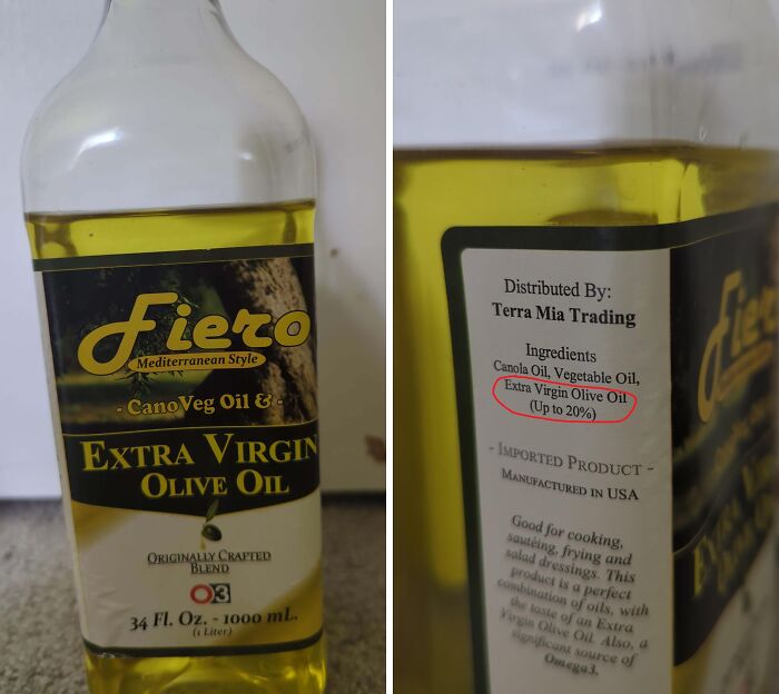 Bottle of misleading packaging labeled extra virgin olive oil with only up to 20% genuine olive oil in the ingredients list.