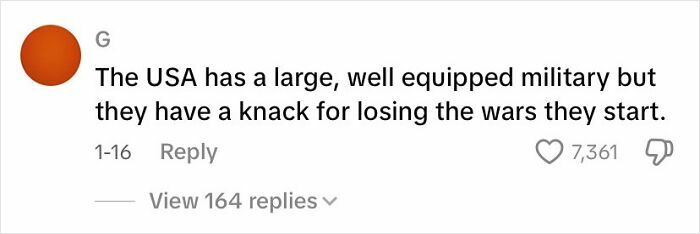 Comment on social media roasting America’s military despite its large size, reflecting Canada roasted America content.