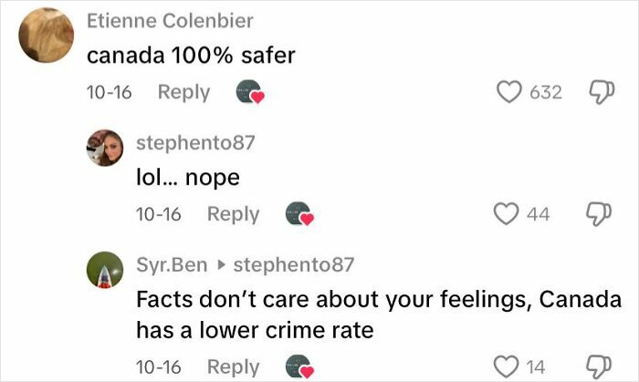 Comments on Canada roasting America about safety and crime rates in a social media thread discussing Canada vs America.