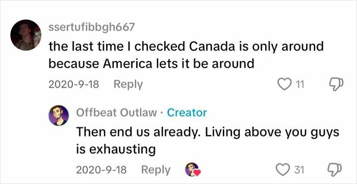 Screenshot of a social media exchange roasting America by highlighting Canada's existence and superiority in a humorous way.