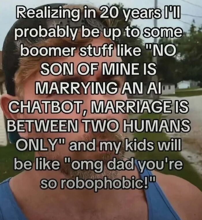 Meme about future boomer reactions to AI chatbot marriages, shared on Laughgorithm meme collection.