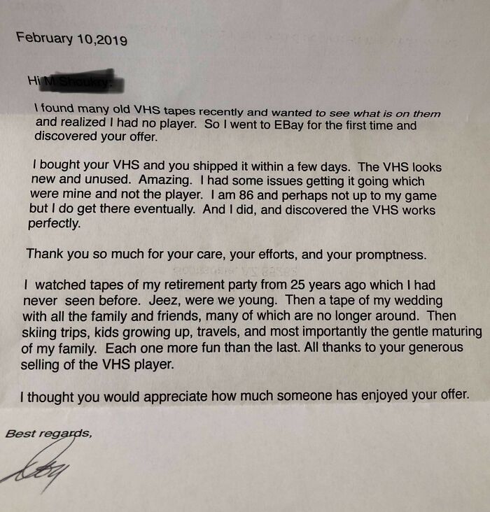 Handwritten letter expressing gratitude for kindness and care restoring faith in humanity through a generous VHS player sale.