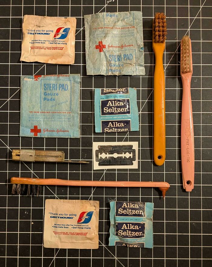 Vintage medical and personal care items neatly arranged on a grid surface for satisfying knolled order.