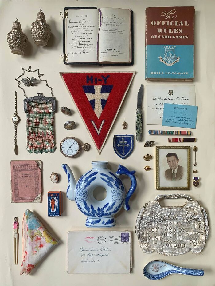 Vintage knolled collection of personal memorabilia, arranged neatly to satisfy order and organization enthusiasts.