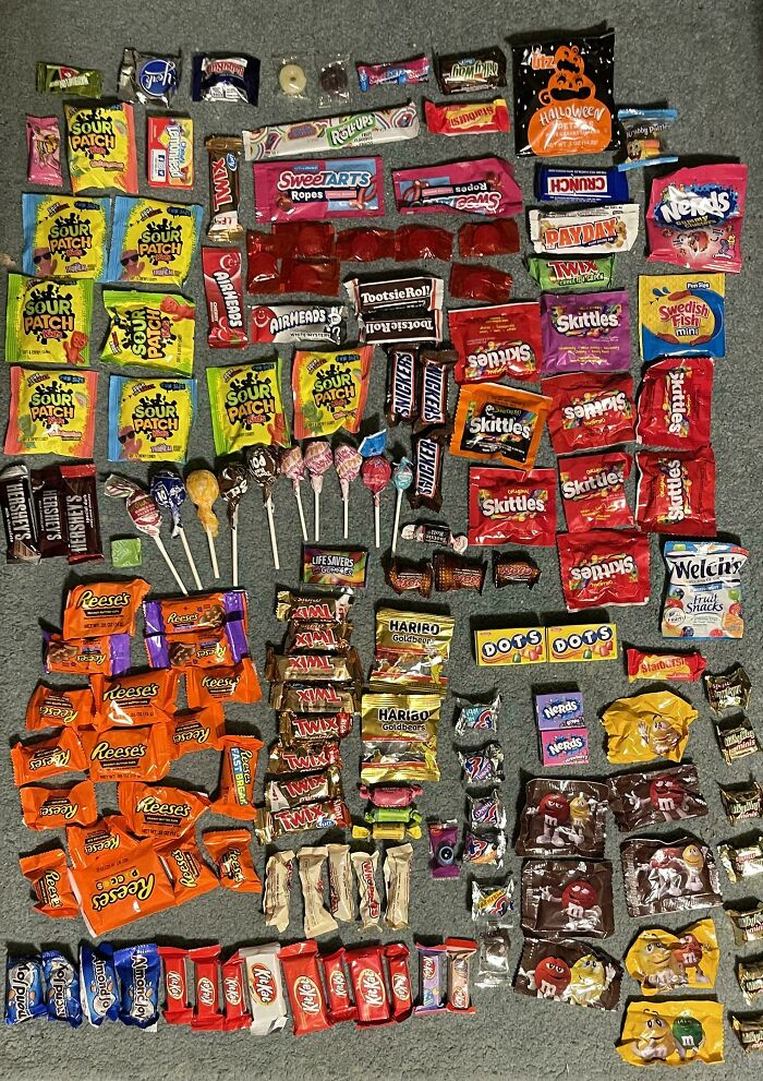 Neatly arranged assortment of candy and sweets laid out in an orderly grid pattern for visual satisfaction.