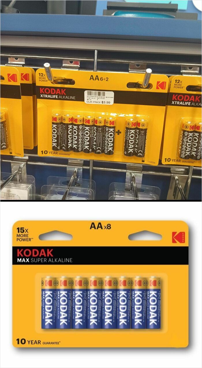 Packaging showing misleading battery counts with Kodak AA batteries in deceptive product packaging designs.
