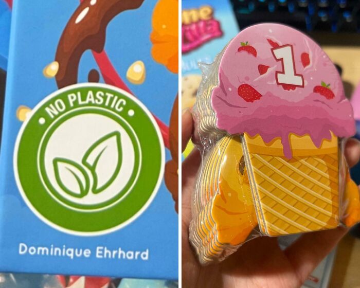 Misleading packaging showing no plastic claim alongside clear plastic wrapping on product with ice cream design.